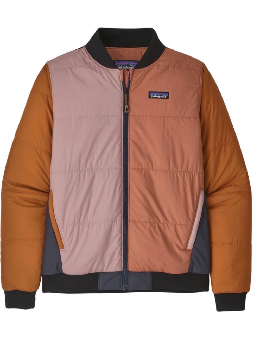 Patagonia Women Zemer Colorblock Puffer Bomber Jacket in Rust, Blush & Mustard